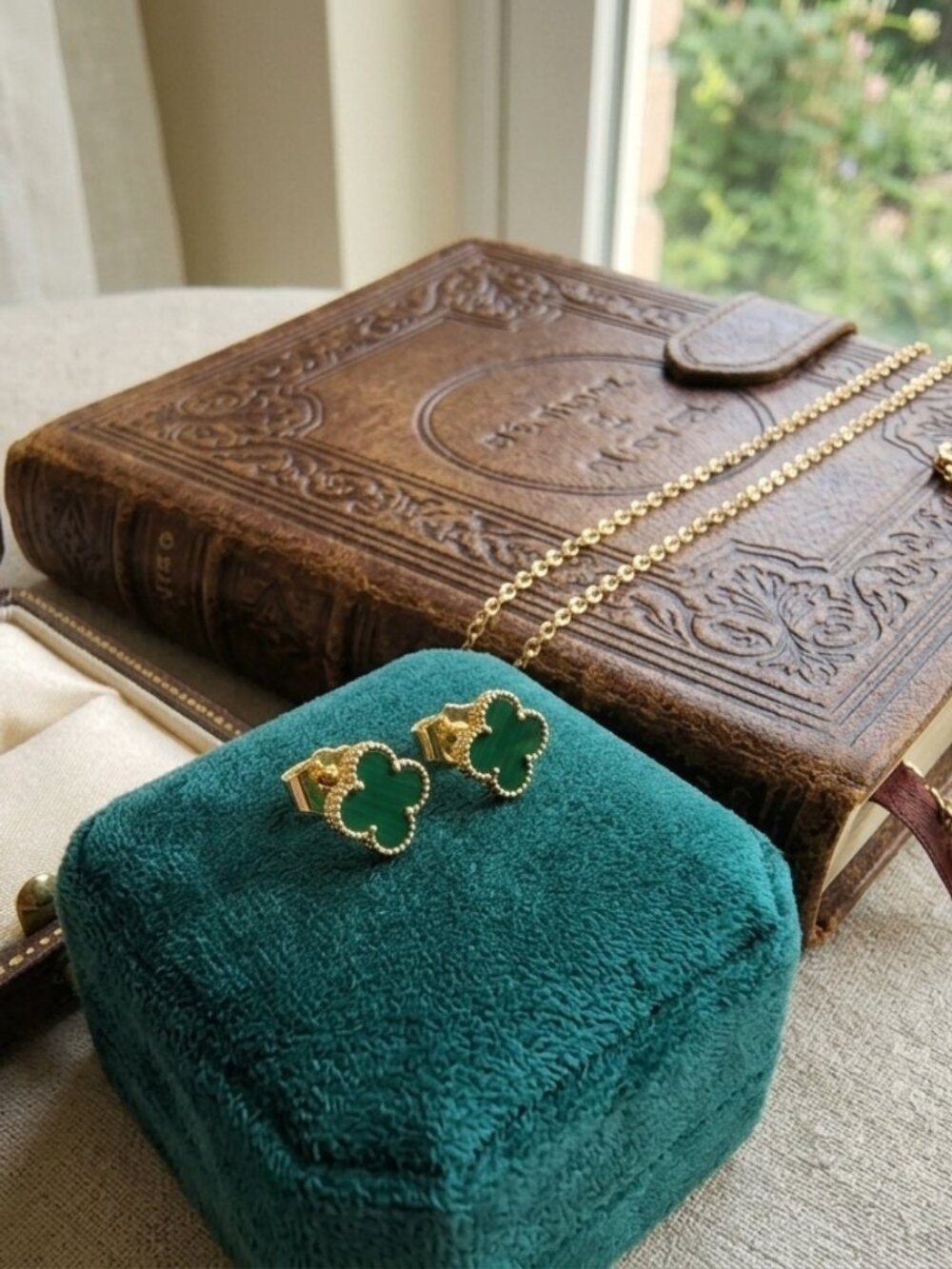 Gold Plated Emerald Green Clover Stud Earrings - Lucky Four Leaf